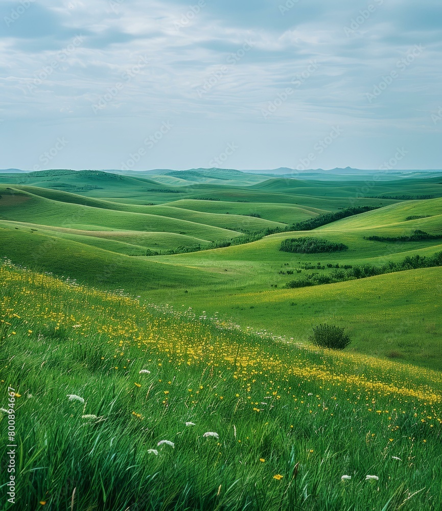 Vast green rolling hills with yellow flowers Vast green rolling hills with yellow flowers
