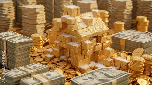 Golden house sitting on a pile of money photo
