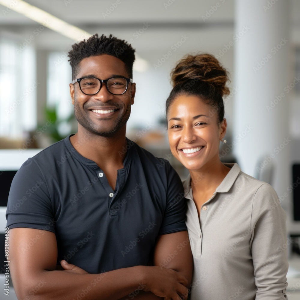 Smiling man and woman in casual clothes posing in an office Smiling man and woman in casual clothes posing in an office