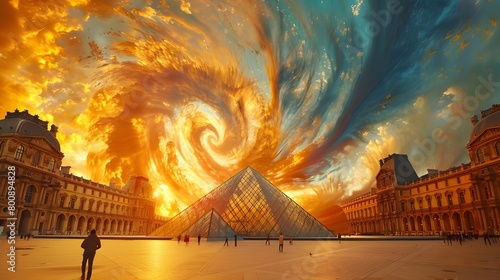 Artistic background of Olympic Games in France. Louvre glass pyramid surrounded by swirling, vibrant colors representing the excitement and diversity of the games.