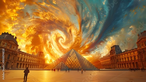 Artistic background of Olympic Games in France. Louvre glass pyramid surrounded by swirling, vibrant colors representing the excitement and diversity of the games. photo