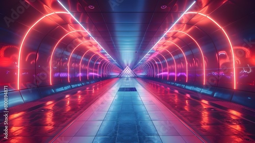 Abstract architecture arch corridor hallway background, 3d render futuristic modern digital artwork, sleek line geometric holographic neon lights, surreal editorial advertisement landscape banner.