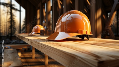 Orange hardhat on a wooden table with a blurred background of trees photo