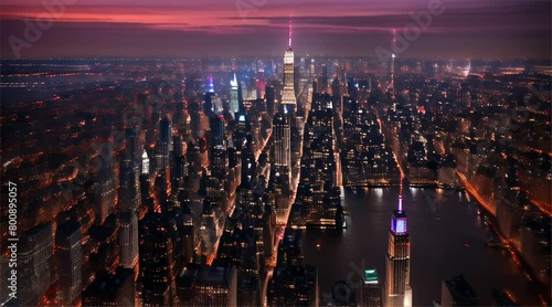 Nighttime Urban Skyline : Cityscape with Skyscrapers, Buildings, and Lights in New York, Hong Kong or Bangkok