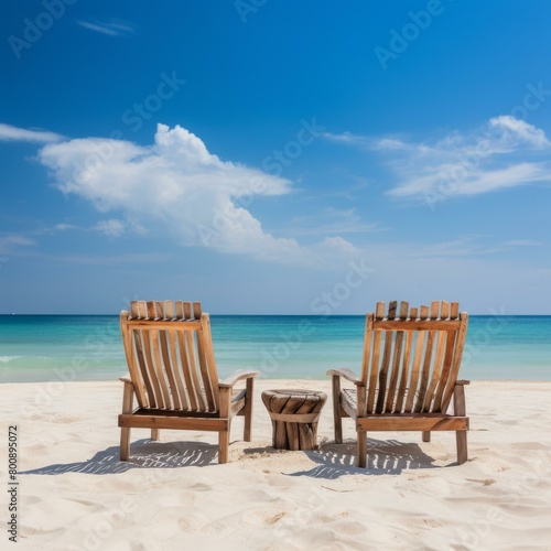 Two wooden chairs are placed on the beach with a small round table between them. The sea is calm and the sky is blue with a few white clouds. © Adobe Contributor