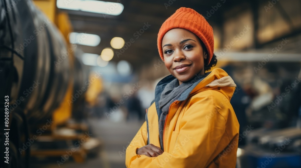 Portrait of a smiling young African-American woman wearing a beanie and a yellow jacket standing in a factory. Portrait of a smiling young African-American woman wearing a beanie and a yellow jacket standing in a factory.