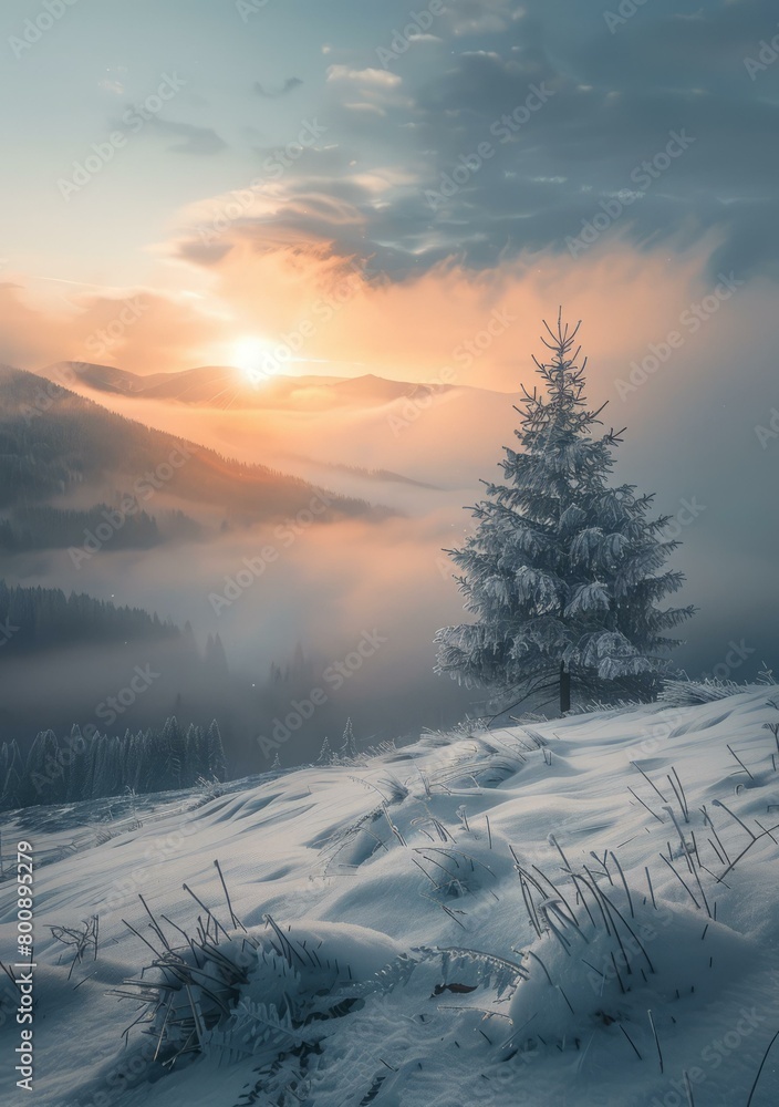 A lone snow covered pine tree stands on a snowy mountainside at sunrise