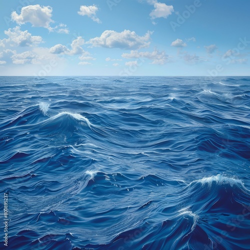 An illustration of a vast, blue ocean with white clouds in the distance