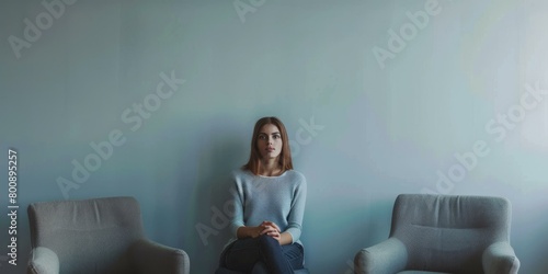 A young woman sits in a chair in front of a blank wall.