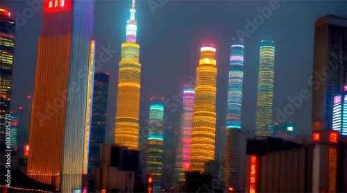 Nighttime Urban Skyline : Cityscape with Skyscrapers, Buildings, and Lights in New York, Hong Kong or Bangkok photo