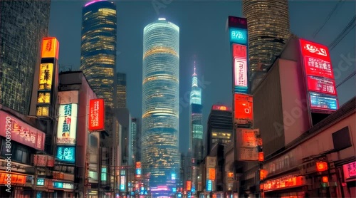 Nighttime Urban Skyline : Cityscape with Skyscrapers, Buildings, and Lights in New York, Hong Kong or Bangkok photo
