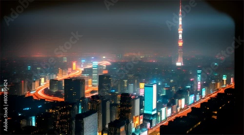 Nighttime Urban Skyline : Cityscape with Skyscrapers, Buildings, and Lights in New York, Hong Kong or Bangkok