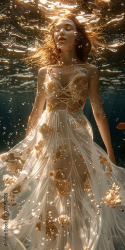 Woman in Elegant White Dress Floating Underwater