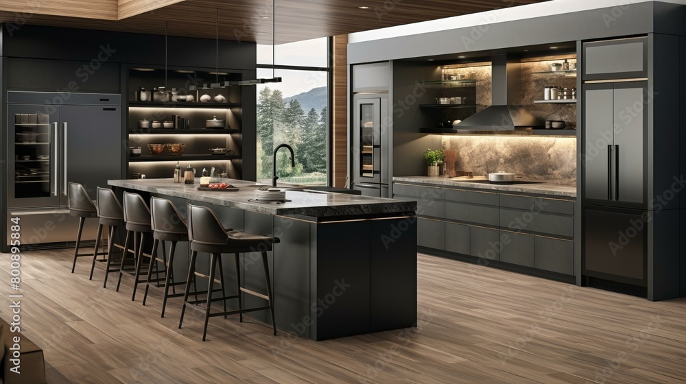 Black Kitchen With Island and Large Windows Black Kitchen With Island and Large Windows