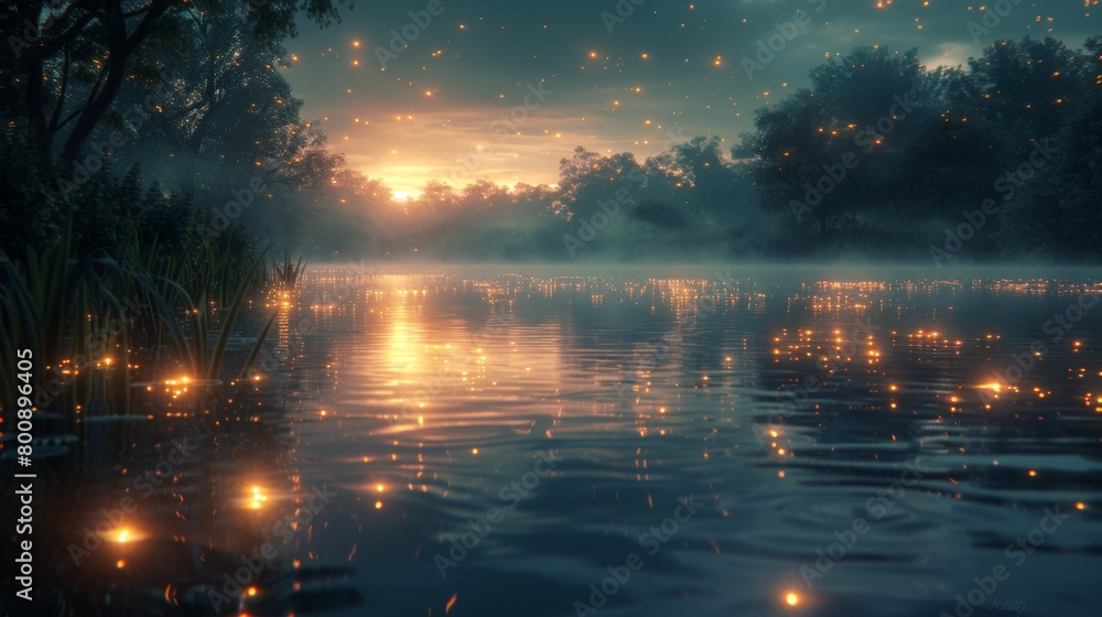 Fototapeta premium A serene lakeside scene where fireflies hover above the waters surface, their soft glow reflected in the rippling waves as