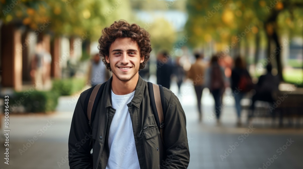 Portrait of a smiling young male college student with a backpack on his shoulders