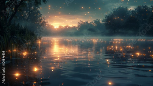 A serene lakeside scene where fireflies hover above the waters surface, their soft glow reflected in the rippling waves as