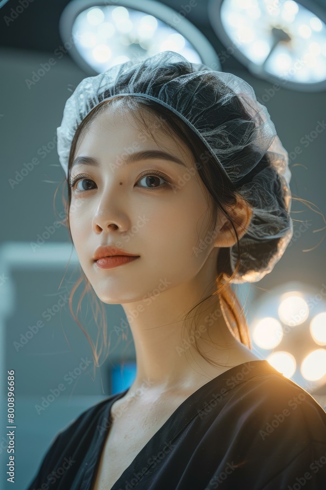 Portrait of a young female doctor wearing a surgical cap Portrait of a young female doctor wearing a surgical cap