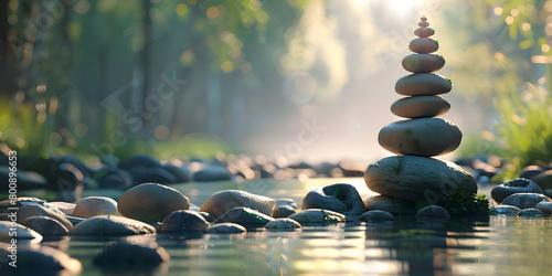  a stack of rocks in the middle of a river  Zen stones balance in the water