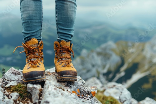 Close up of a woman's feet in hiking boots standing on a rock with a mountainous landscape in the background