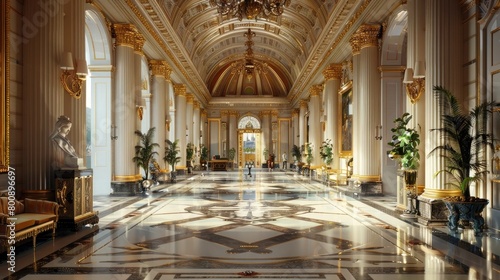 A captivating image of a museum s grand lobby  with its impressive scale and elegant furnishings.