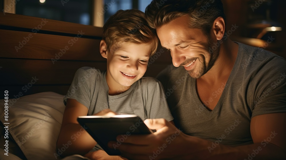 Father and son reading a bedtime story Father and son reading a bedtime story