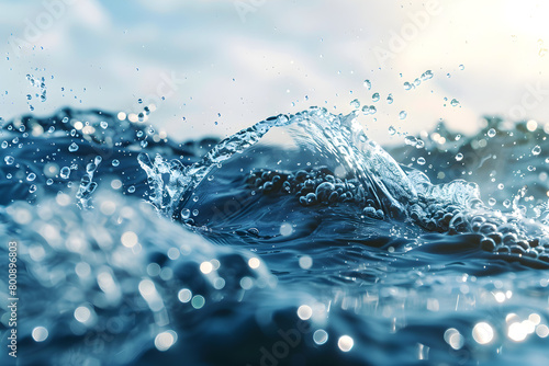 Water surface texture with bubbles and splashes, trendy abstract background of nature, the sea ripples in the sunlight with copy space. © ELmidoi-AI