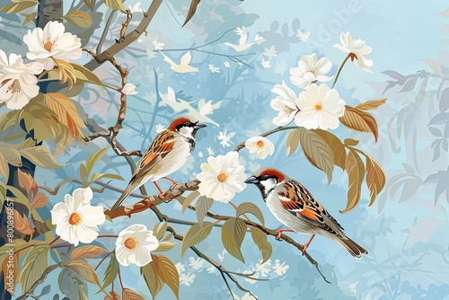 Autumn Sparrows  Two Birds on Tree Oil Painting with White Flowers Art Print