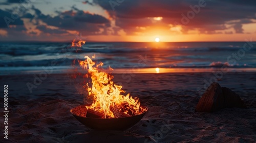 A fire pit on a beach with a sunset in the background.