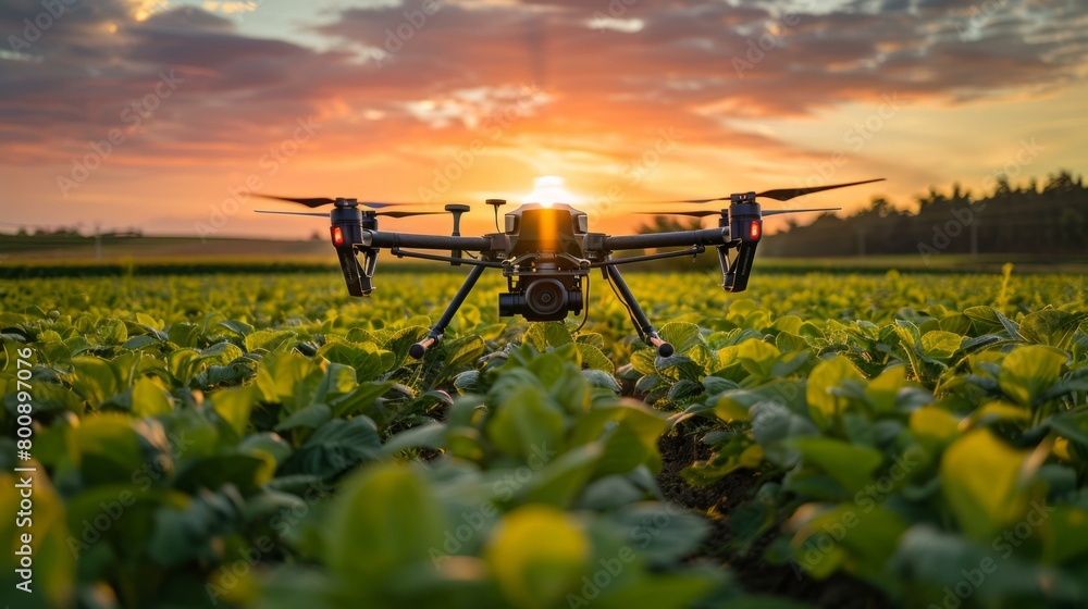 A drone is flying over a field of green crops. The sun is setting in the background.
