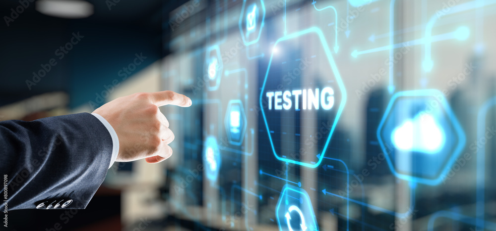Hand pressing button TESTING inscription. Technology icons Hand pressing button TESTING inscription. Technology icons