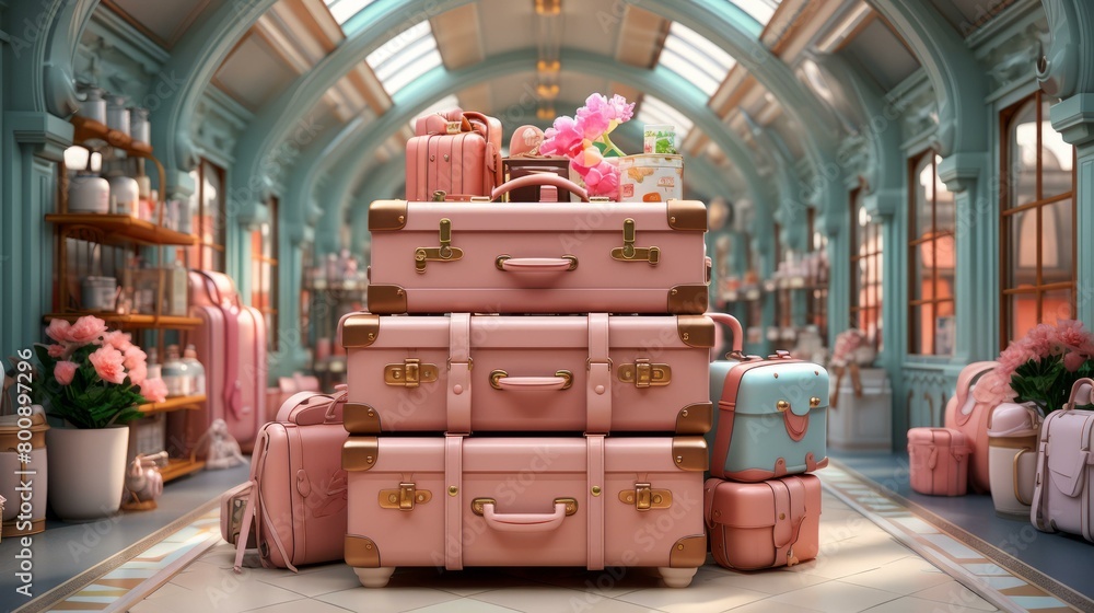 Obraz premium Pink suitcases stacked in a pink room