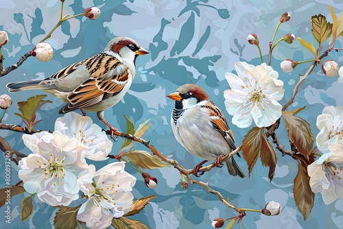 Autumn Sparrows: Two Birds on Tree Branch Oil Painting with White Flowers © Michael