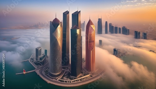 Aerial view of Qatar Energy building west bay during fog photo