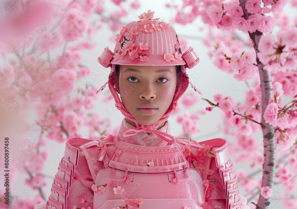 A woman wearing a pink samurai armor stands in a field of cherry blossoms. A woman wearing a pink samurai armor stands in a field of cherry blossoms.