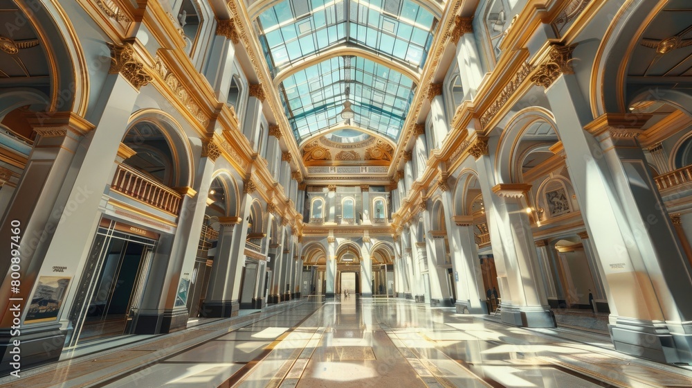 A captivating image of a museum's grand atrium, with its soaring ceilings and dramatic architectural features.