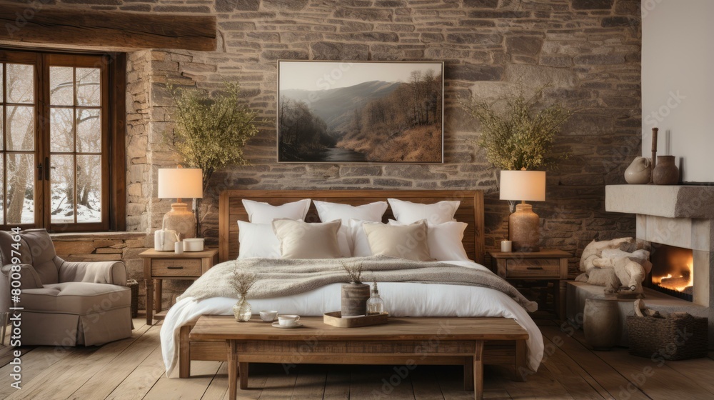 A cozy bedroom with a rustic stone wall and a beautiful landscape painting