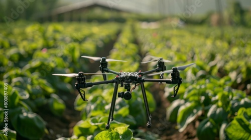 Agriculture technology concept - flying drone over green tobacco field