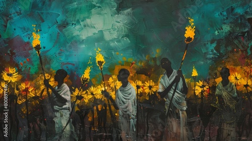 Ethiopian Meckel festival with traditional torches and yellow Meckel daisies, painted in a vibrant photo