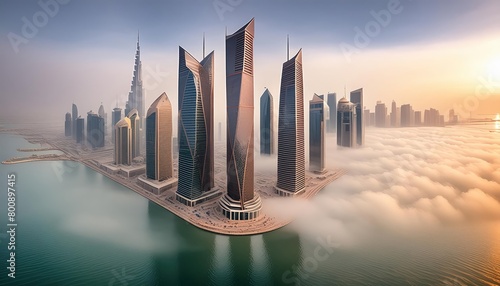 Aerial view of Qatar Energy building west bay during fog photo