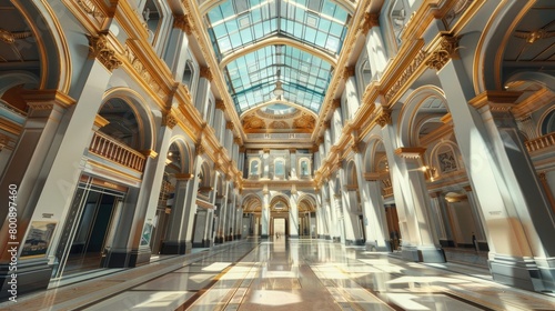 A captivating image of a museum s grand atrium  with its soaring ceilings and dramatic architectural features.