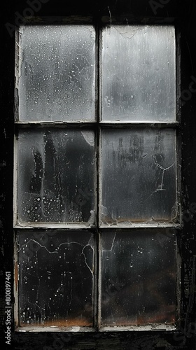 Black wooden framed window with 6 panes of dirty glass