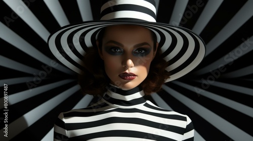 Black and white portrait of a woman wearing a large striped hat