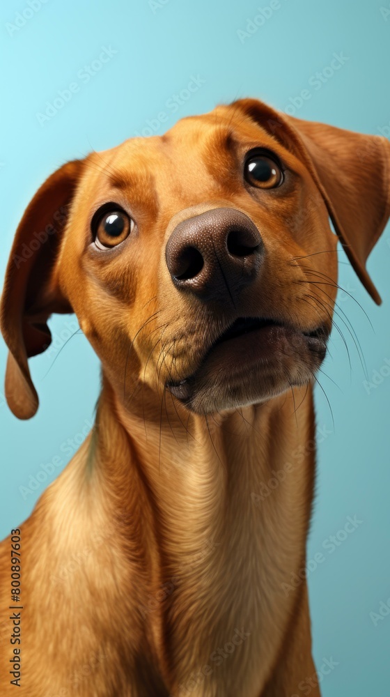 A brown dog looking up with a curious expression on its face