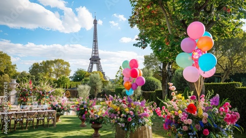 Garden event with lush floral arrangements and colorful balloons, no attendees, set in a famous park in Paris with the Eiffel Tower visible