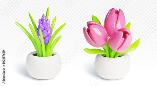 3d flower pot. Tulip plant icon for house garden. Isolated home ceramic vase with hyacinth indoor interior element. Simple and beautiful office houseplant decorative object. Spring cute decoration