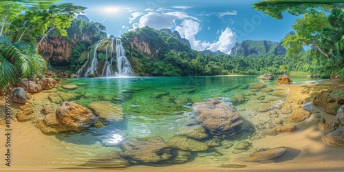 An immersive 360-degree equirectangular panorama of a lush tropical paradise, with vibrant rainforests teeming with exotic flora and © jovannig