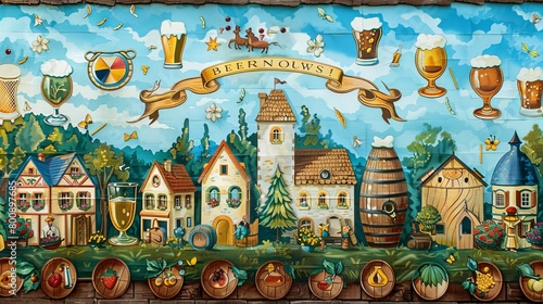 German Oktoberfest banners, lively and festive, painted with traditional Bavarian patterns and colors, a celebration of heritage and beer culture © pornchan