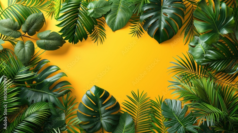 The modern design features horizontal tropical leaves on a yellow background. The tropical botanical design is suitable for cosmetics, spas, perfumes, health care products, as a banner or poster.