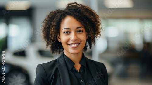 Portrait of a young African-American businesswoman smiling in a car dealership